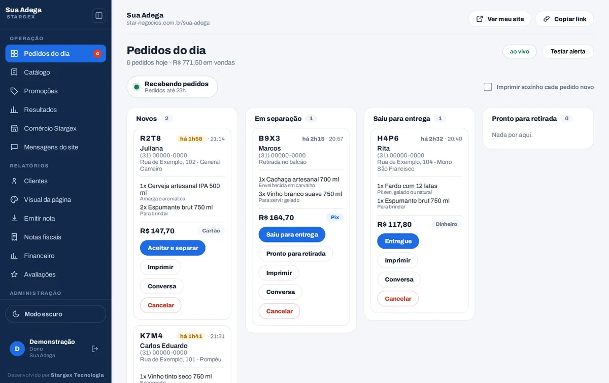 O painel da loja com os pedidos do dia em colunas
