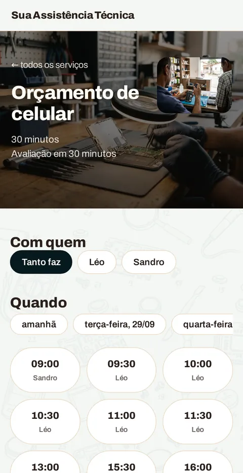 A escolha do horário no celular do cliente