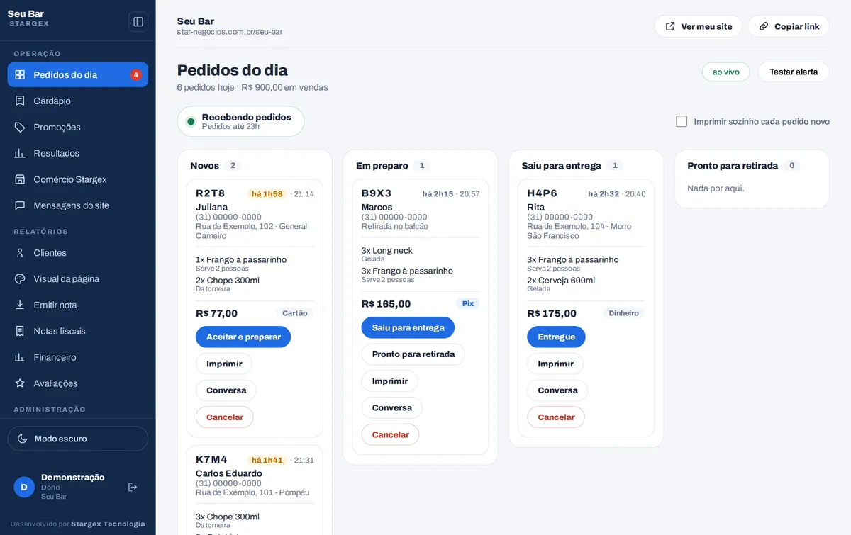 O painel da loja com os pedidos do dia em colunas