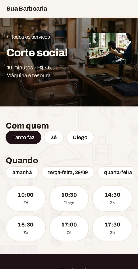 A escolha do horário no celular do cliente