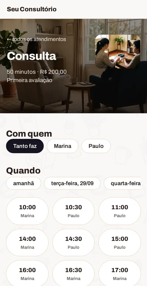A escolha do horário no celular do cliente