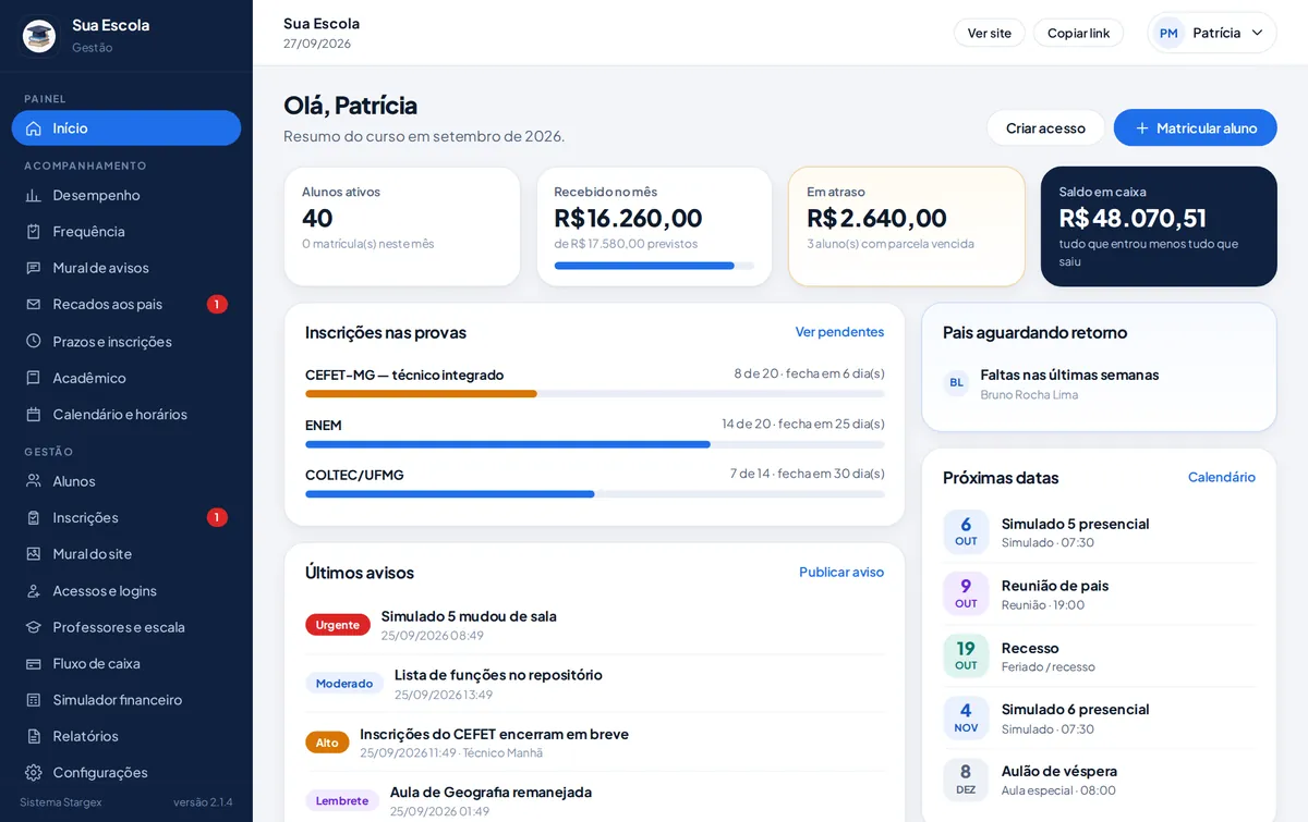 O painel da gestão: alunos, inscrições nas provas, caixa e avisos