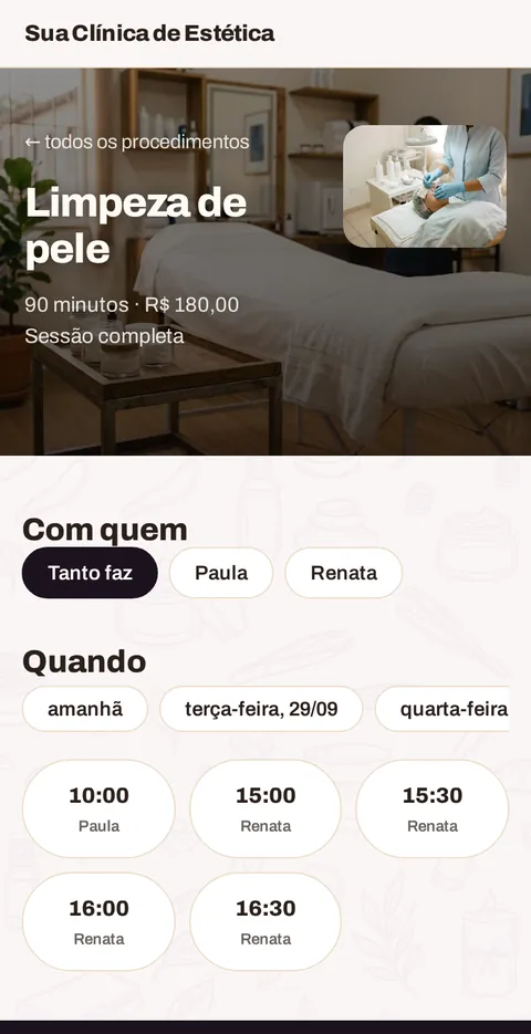 A escolha do horário no celular do cliente