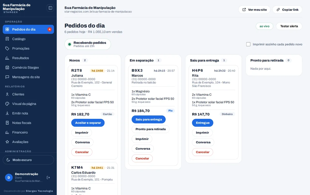 O painel da loja com os pedidos do dia em colunas