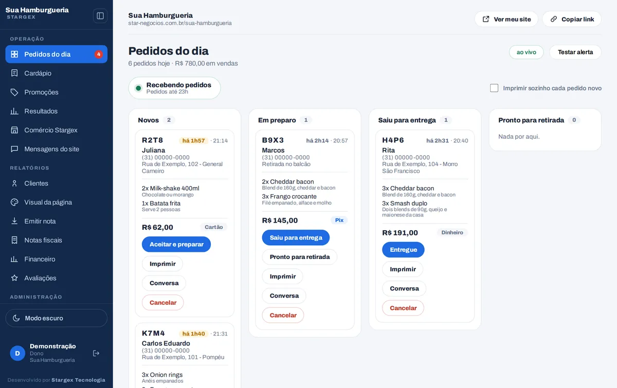 O painel da loja com os pedidos do dia em colunas