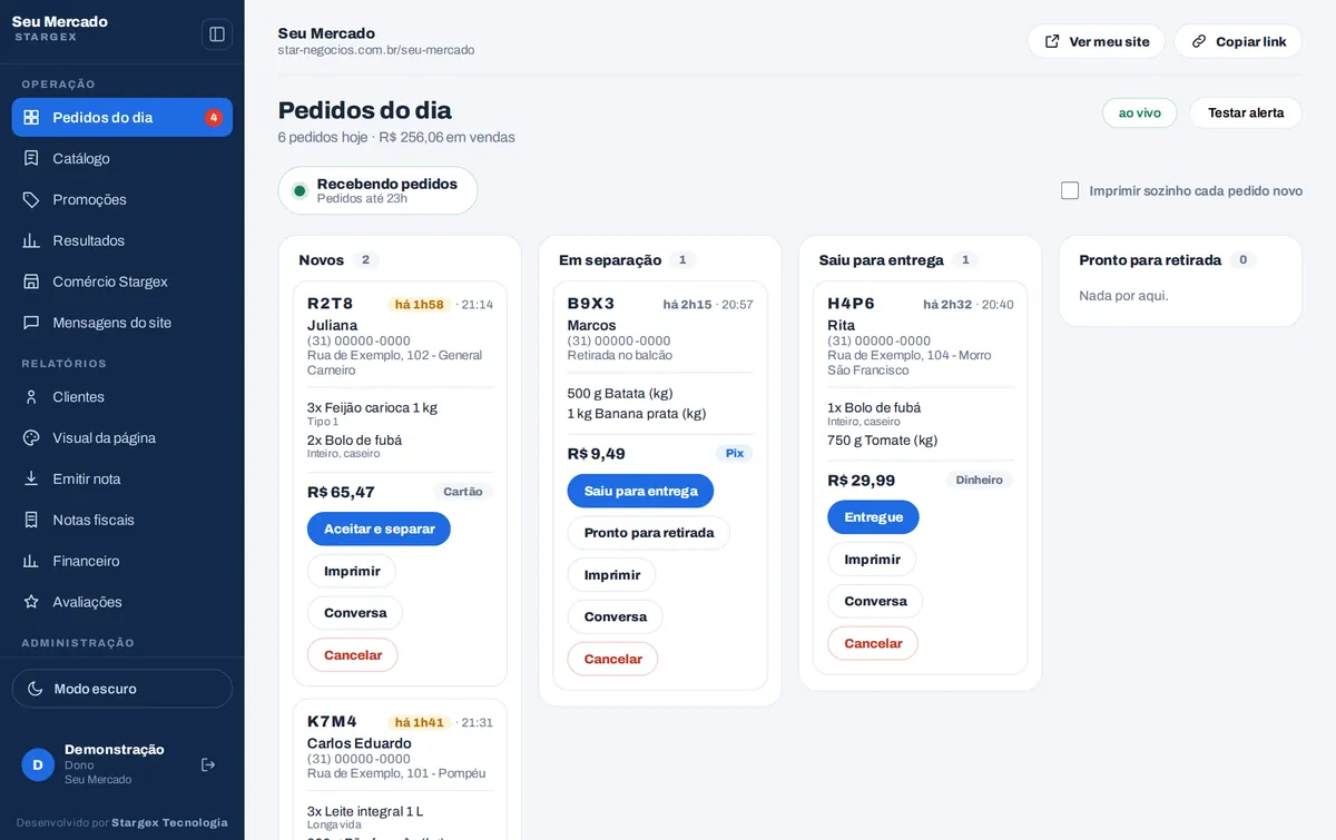 O painel da loja com os pedidos do dia em colunas