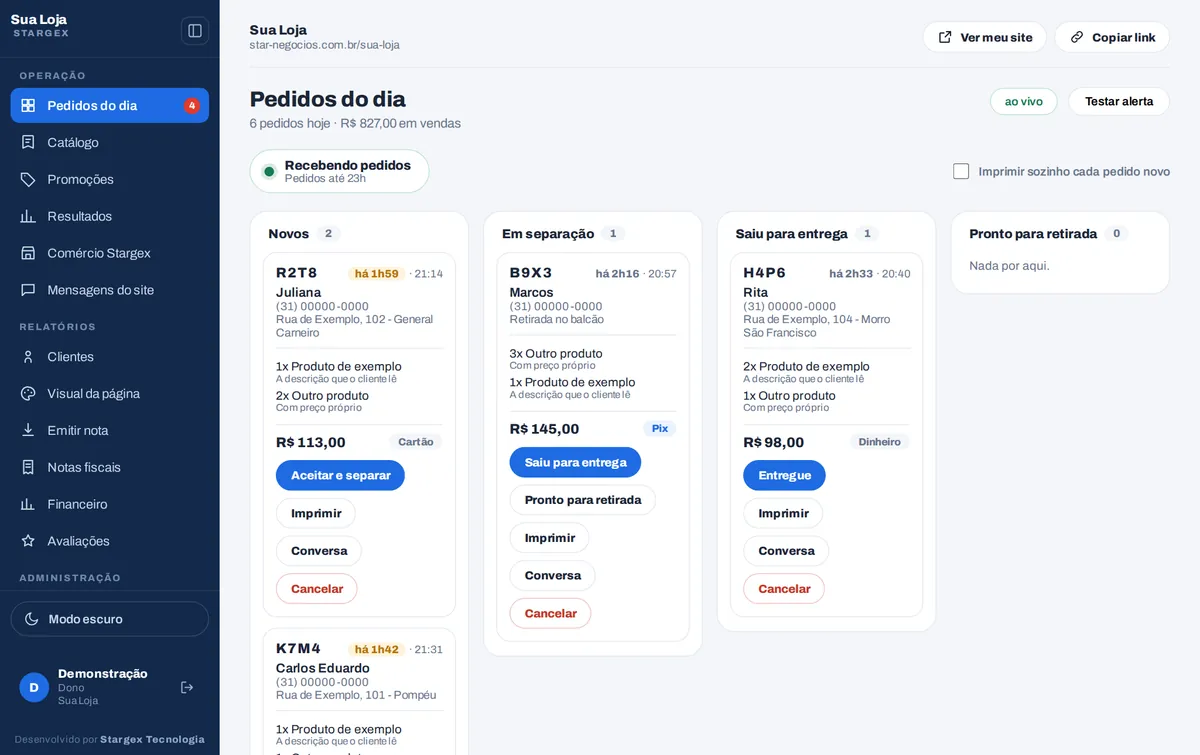 O painel da loja com os pedidos do dia em colunas