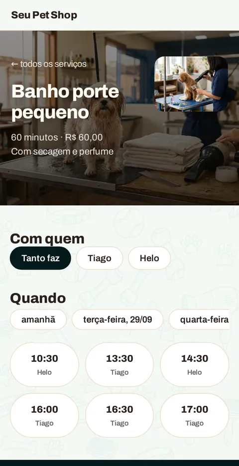 A escolha do horário no celular do cliente