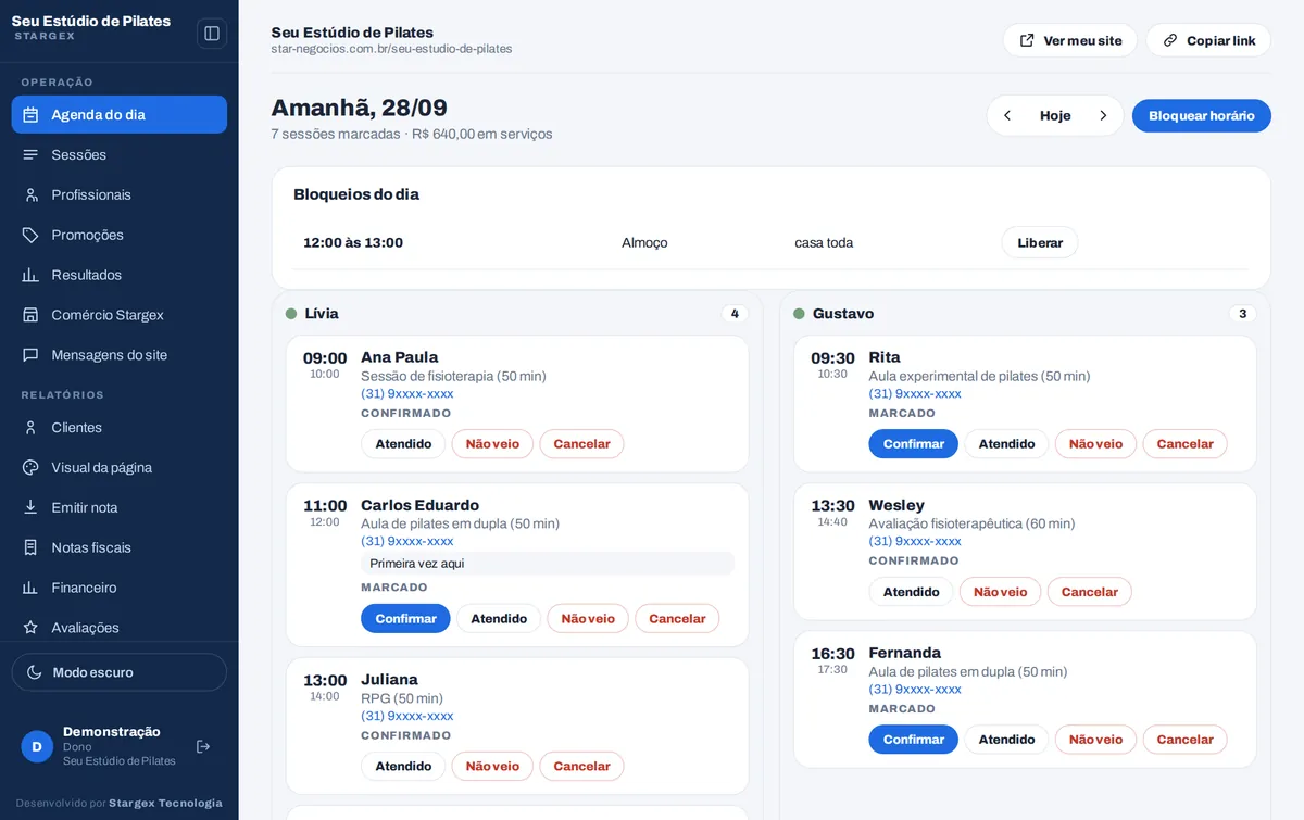 A agenda do dia em colunas, uma por profissional