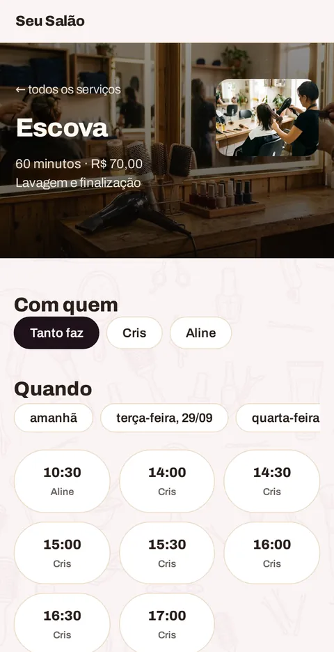 A escolha do horário no celular do cliente