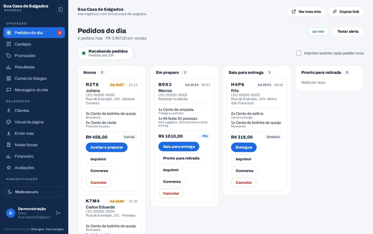 O painel da loja com os pedidos do dia em colunas