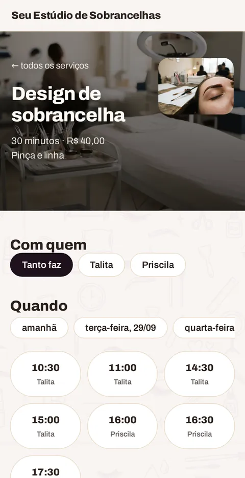 A escolha do horário no celular do cliente