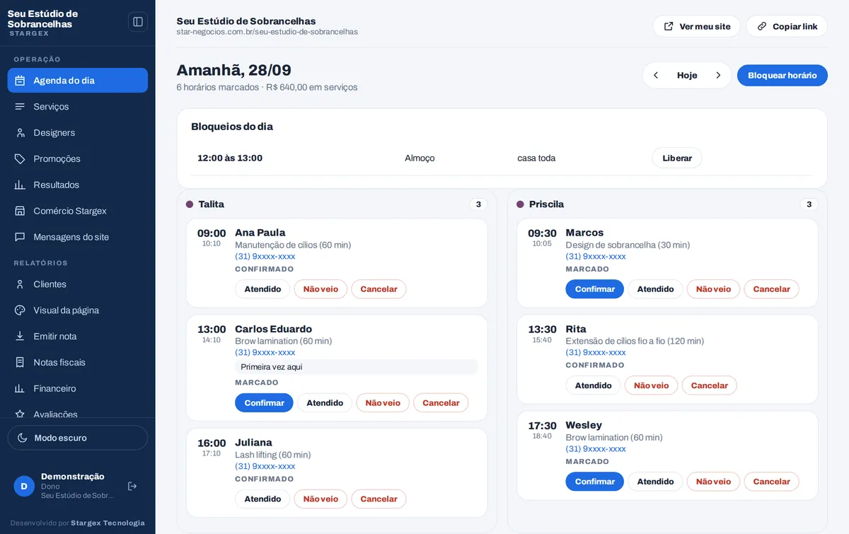 A agenda do dia em colunas, uma por designer