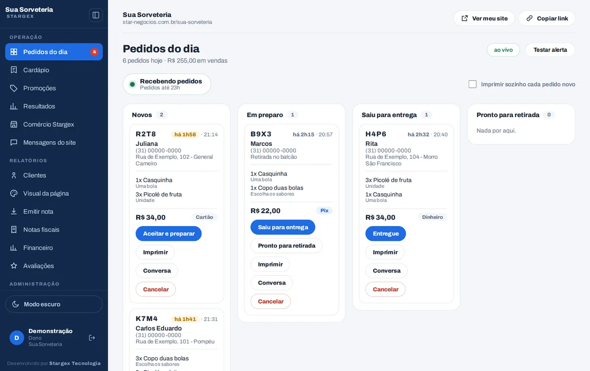 O painel da loja com os pedidos do dia em colunas