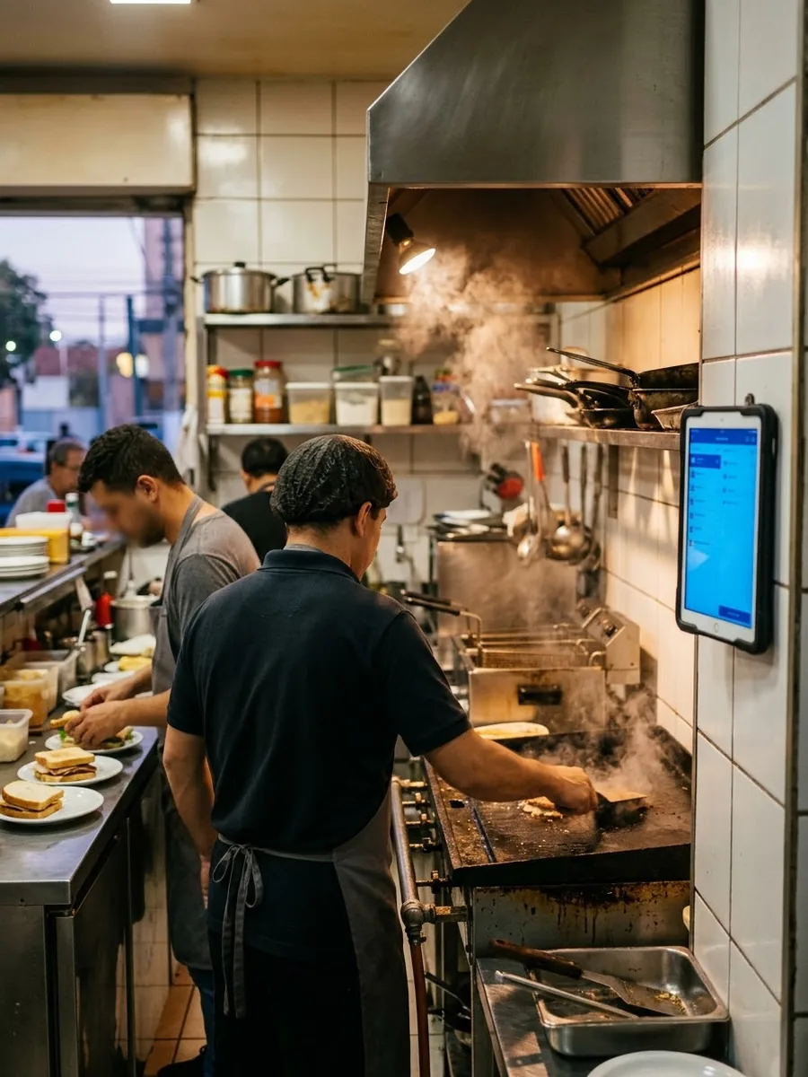 Cozinha de um restaurante de bairro em movimento